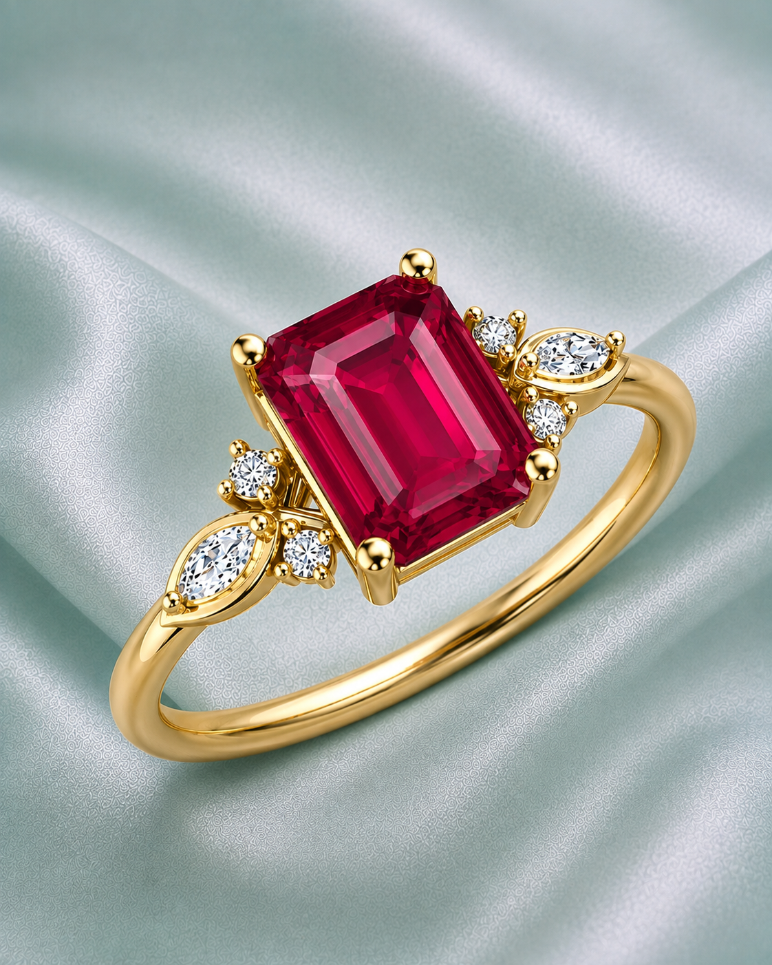 Ruby and Diamond Ring on Mint Satin